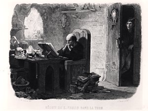 Claude Frollo en la pequeña habitación de la torre, ilustración de 